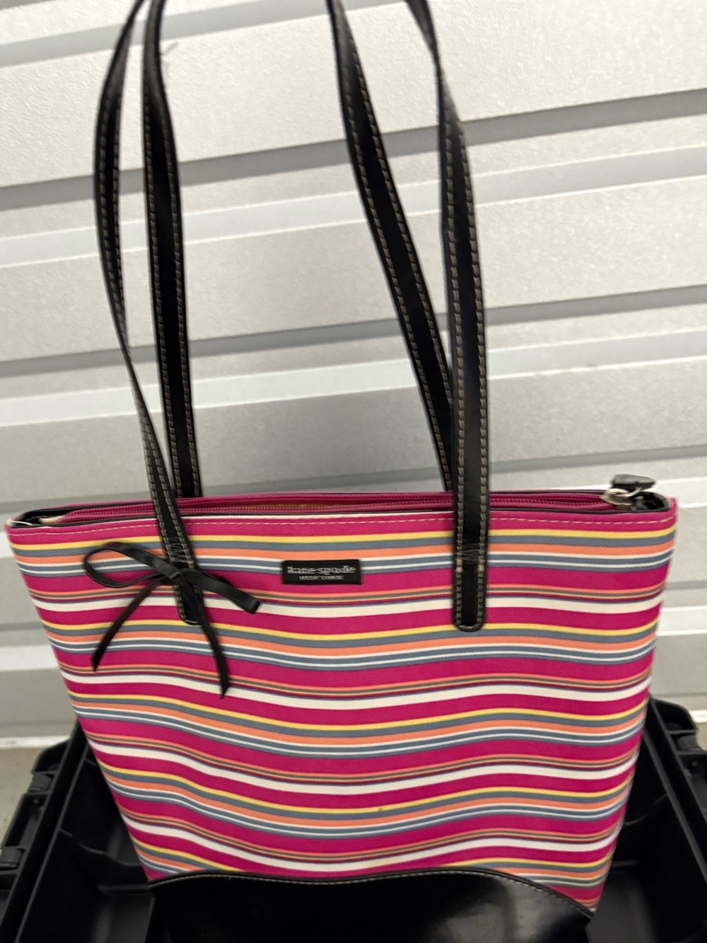 kate spade Pink Multi-Stripe Tote with Black Trim